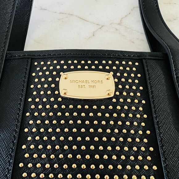 MICHAEL KORS Solid Black Leather Micro Stud Center Stripe Small Travel Tote Bag - Picture 5 of 7